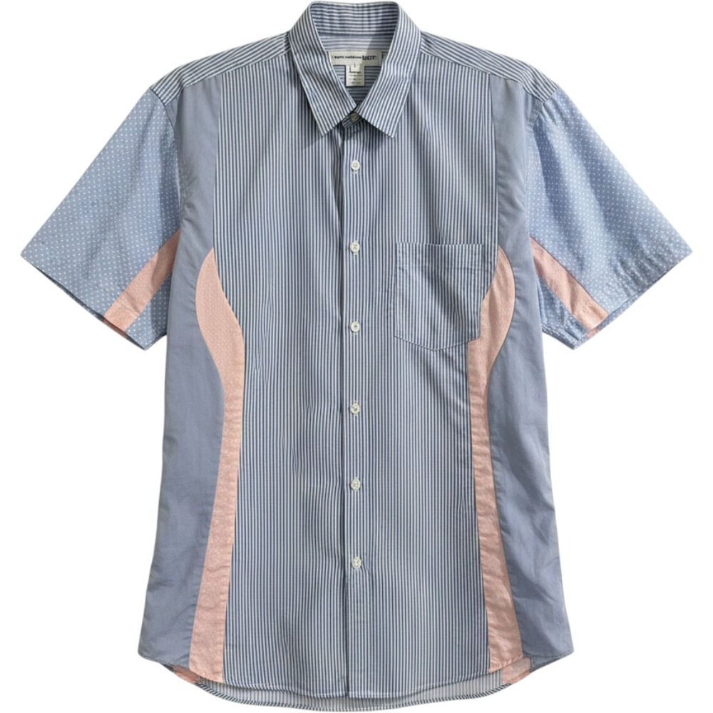 Comme des Garcons Shirt Mens Large Blue Striped Patchwork Short Sleeve Button Up